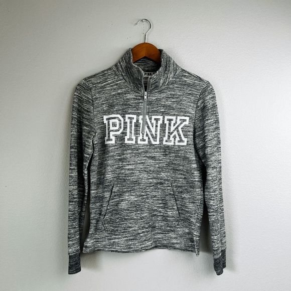 PINK Victoria's Secret Sweatshirt 1/4 Zip Pullover Spell Out Long Sleeve Gray XS - Picture 5 of 5